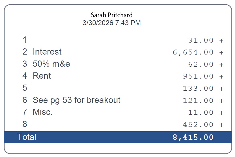 Screenshot of the calculator tape view inside the PDFPlugins interface.