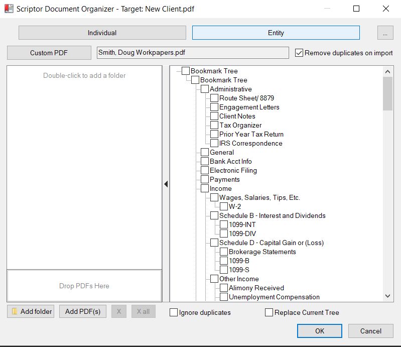 Screenshot of the Scriptor Document Organizer feature building a structured PDF bookmark layout.